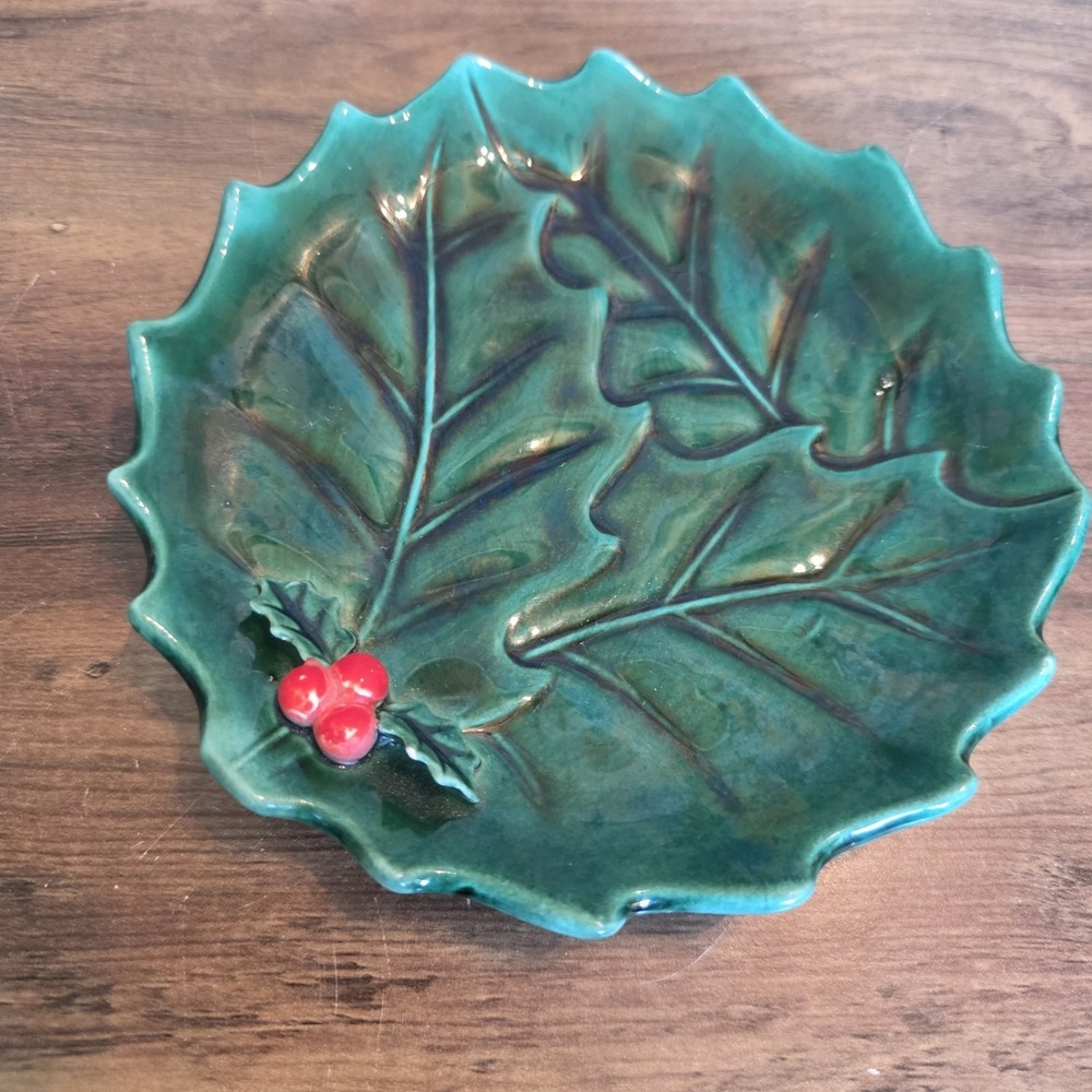 Vintage Lefton Green Holly Berry Compote Candy Dish Plate Serving Christmas 6"